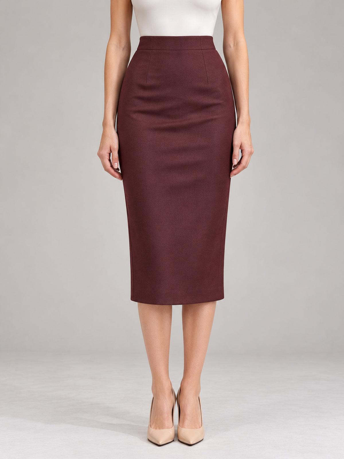 Burgundy Peplum Top & Midi Skirt 2-Piece Suit