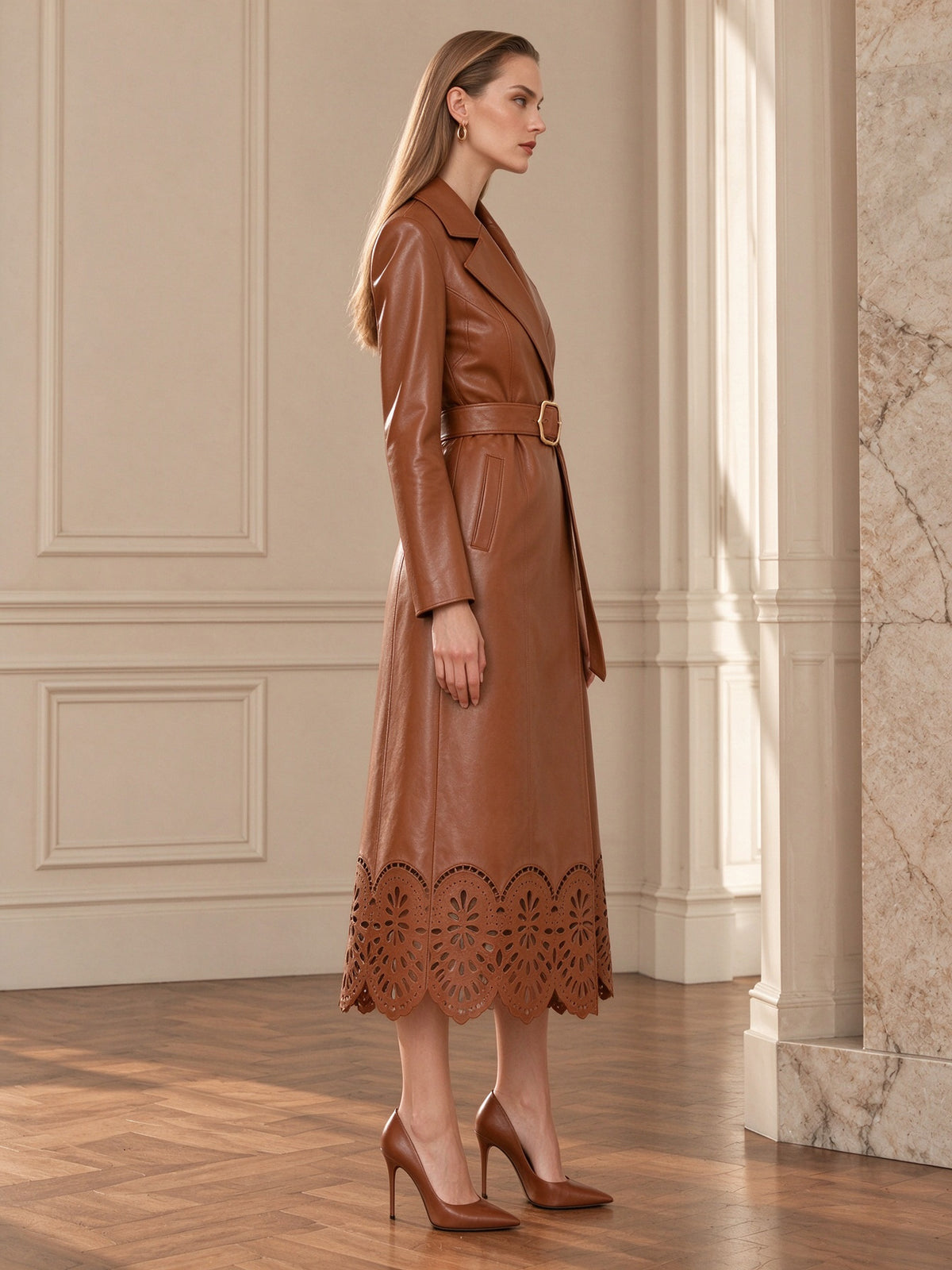 Brown Faux Leather Laser Cut Hem Midi Wrap Coat