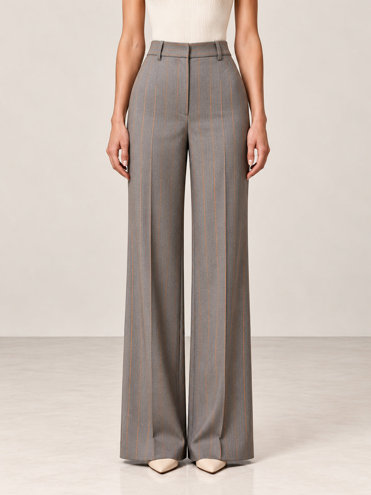 Grey Pinstripe Belted Wrap Blazer & Wide Leg Pants 2-Piece Suit