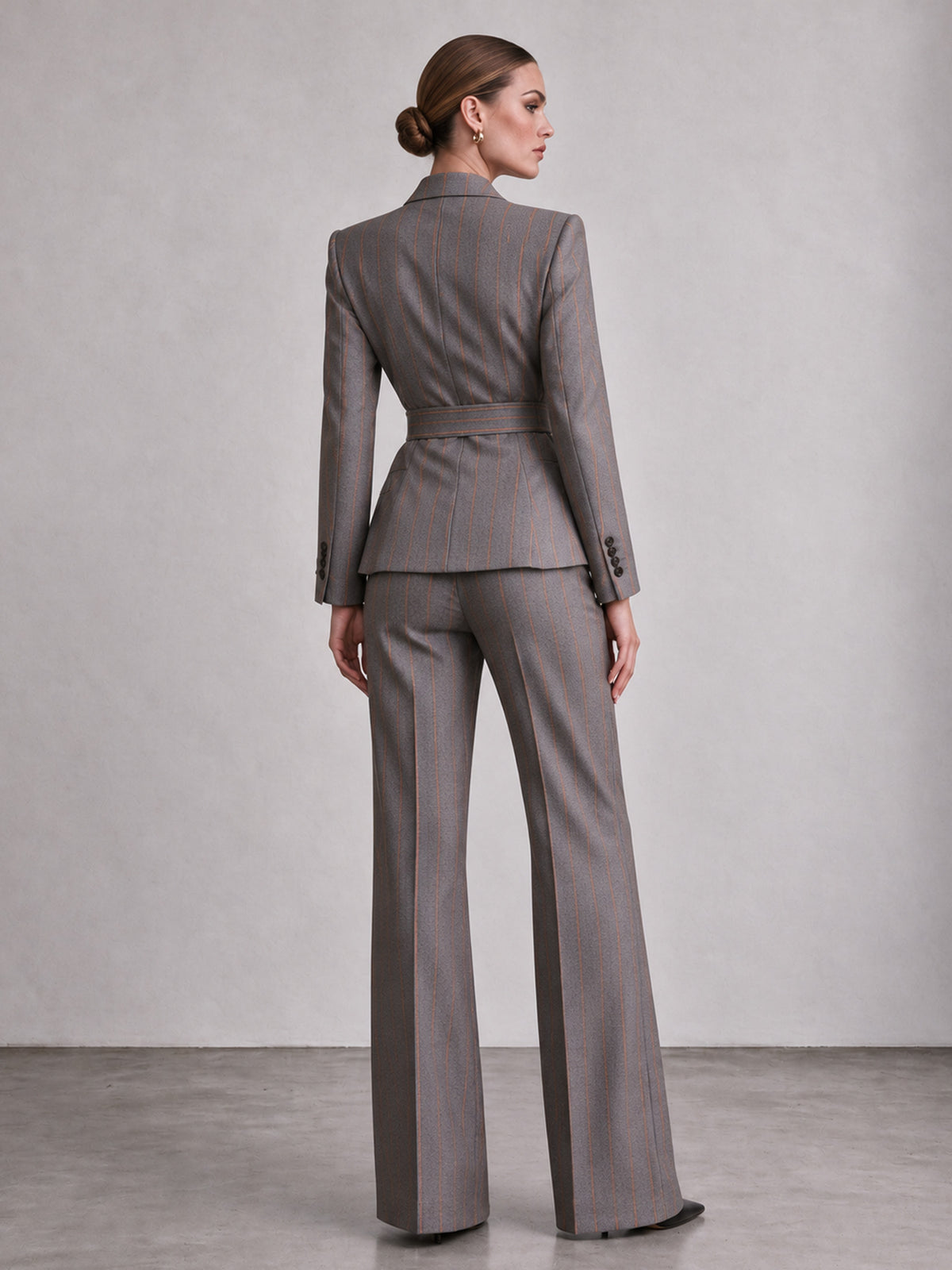 Grey Pinstripe Belted Wrap Blazer & Wide Leg Pants 2-Piece Suit