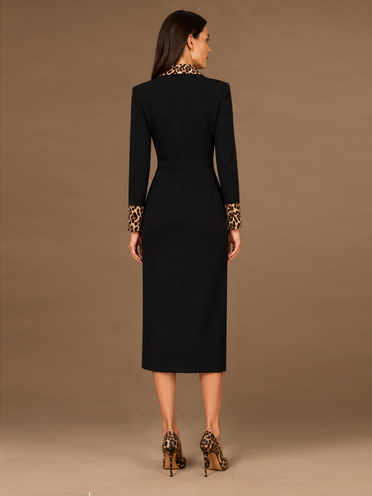 Black Leopard Contrast Lapel & Cuff Midi Blazer Dress