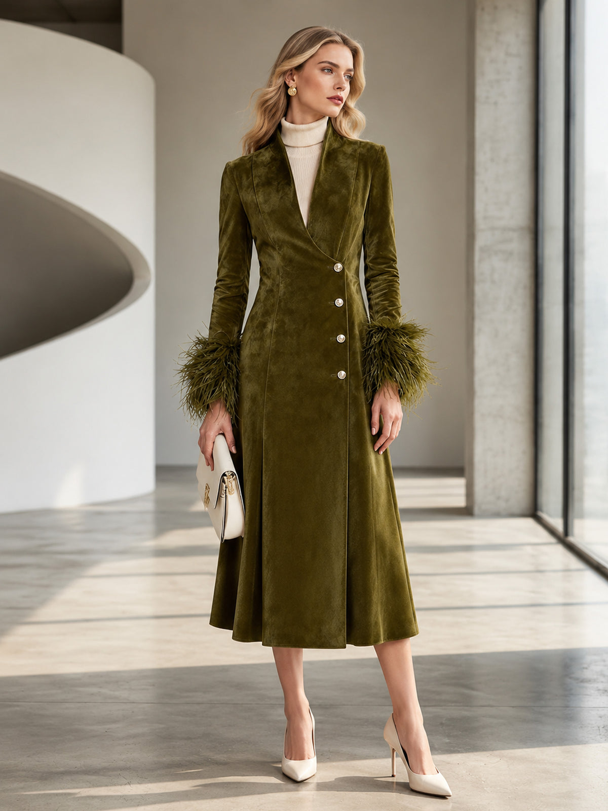 Olive Green Velvet Feather Trim Cuff Wrap Midi Dress