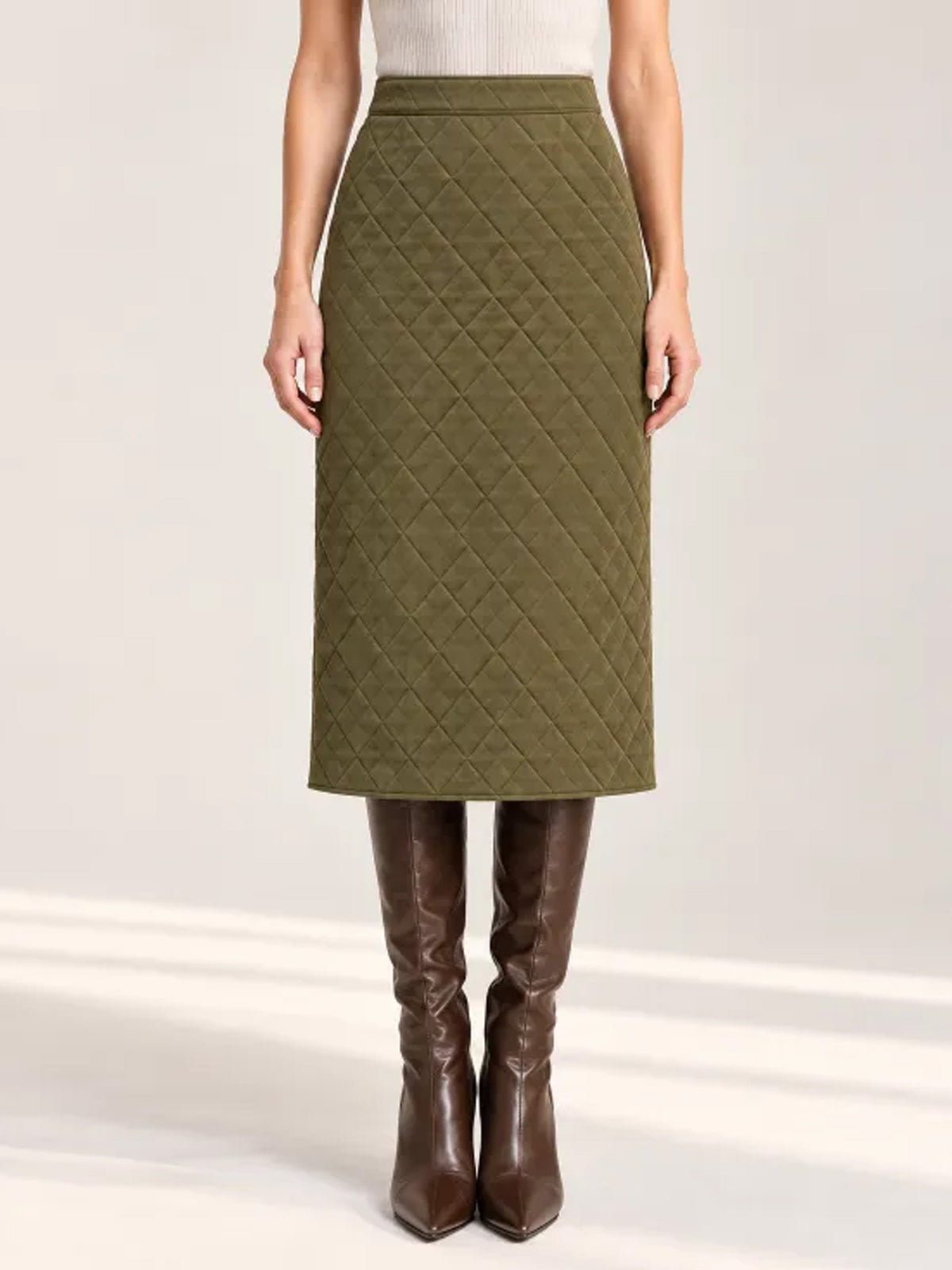 Olive Green Quilted Belted Jacket & Midi Pencil Skirt 2-Piece Suit