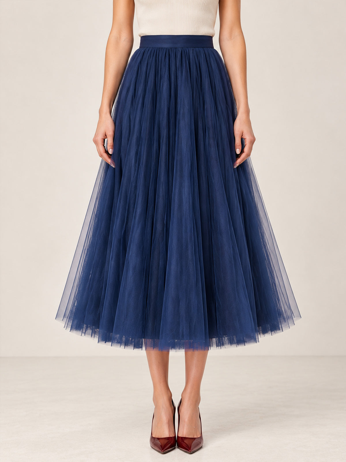 Navy Multi-Layer Tulle Midi Skirt