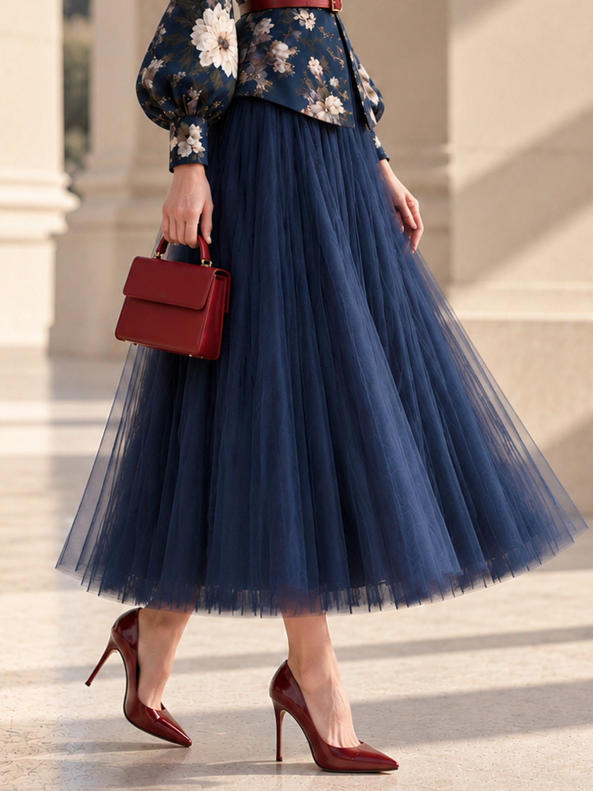 Navy Multi-Layer Tulle Midi Skirt