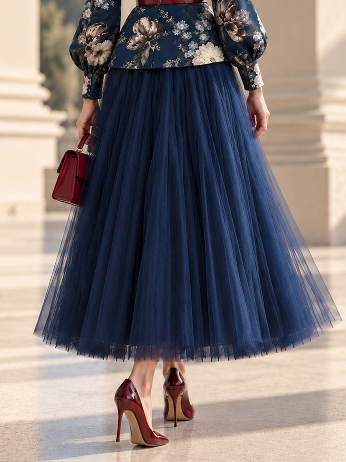 Navy Multi-Layer Tulle Midi Skirt