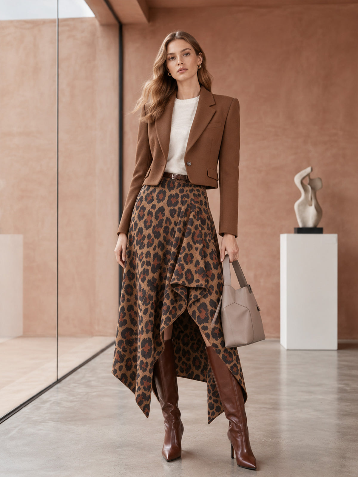 Brown Cropped Blazer & Leopard Irregular Midi Skirt 2-Piece Suit