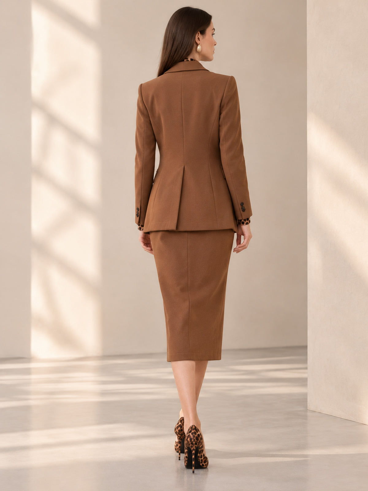 Brown Notch Lapel Blazer & Midi Skirt 2-Piece Suit