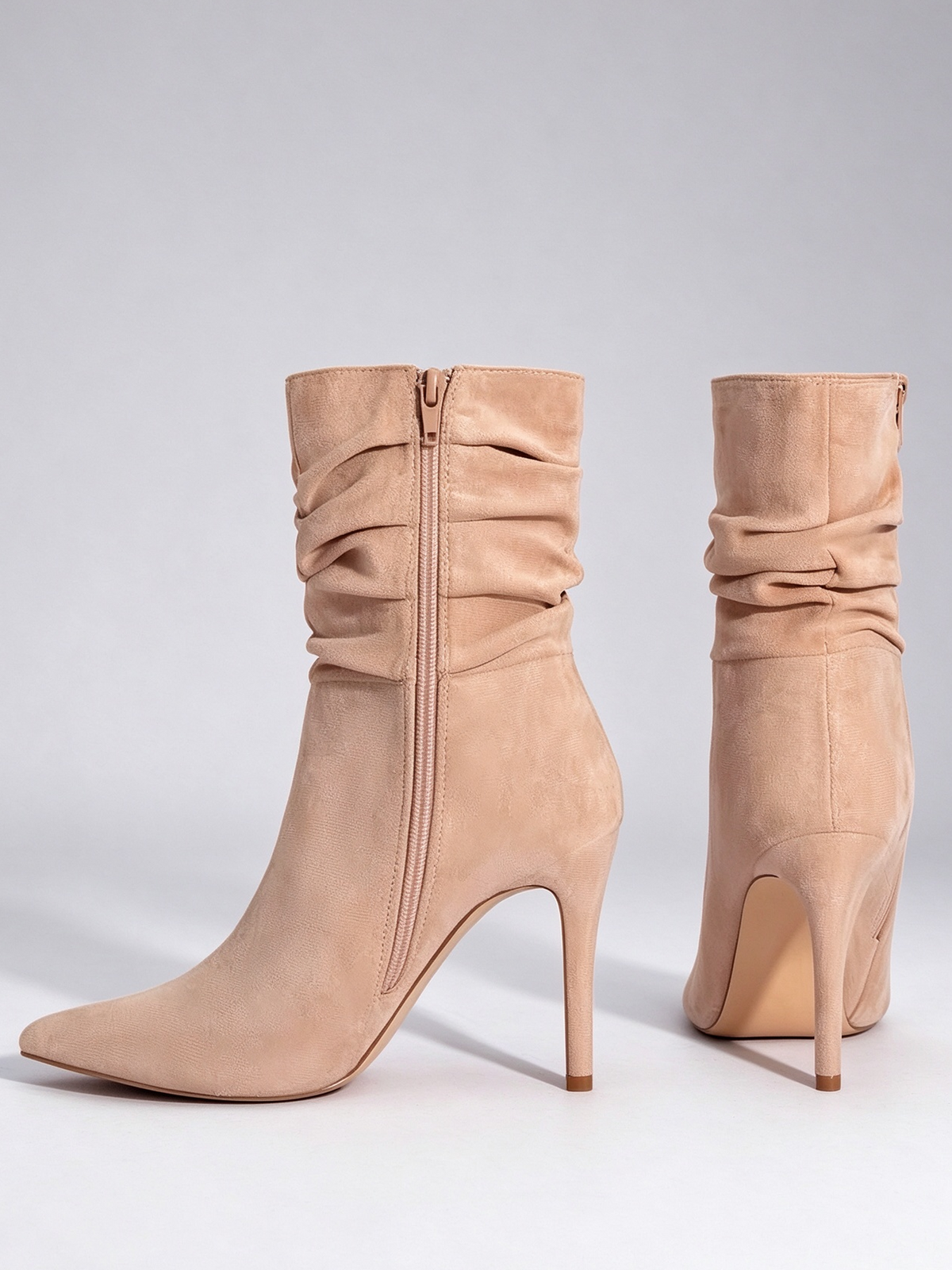Ruched Pointed Toe Stiletto Mid Calf Ankle Boots