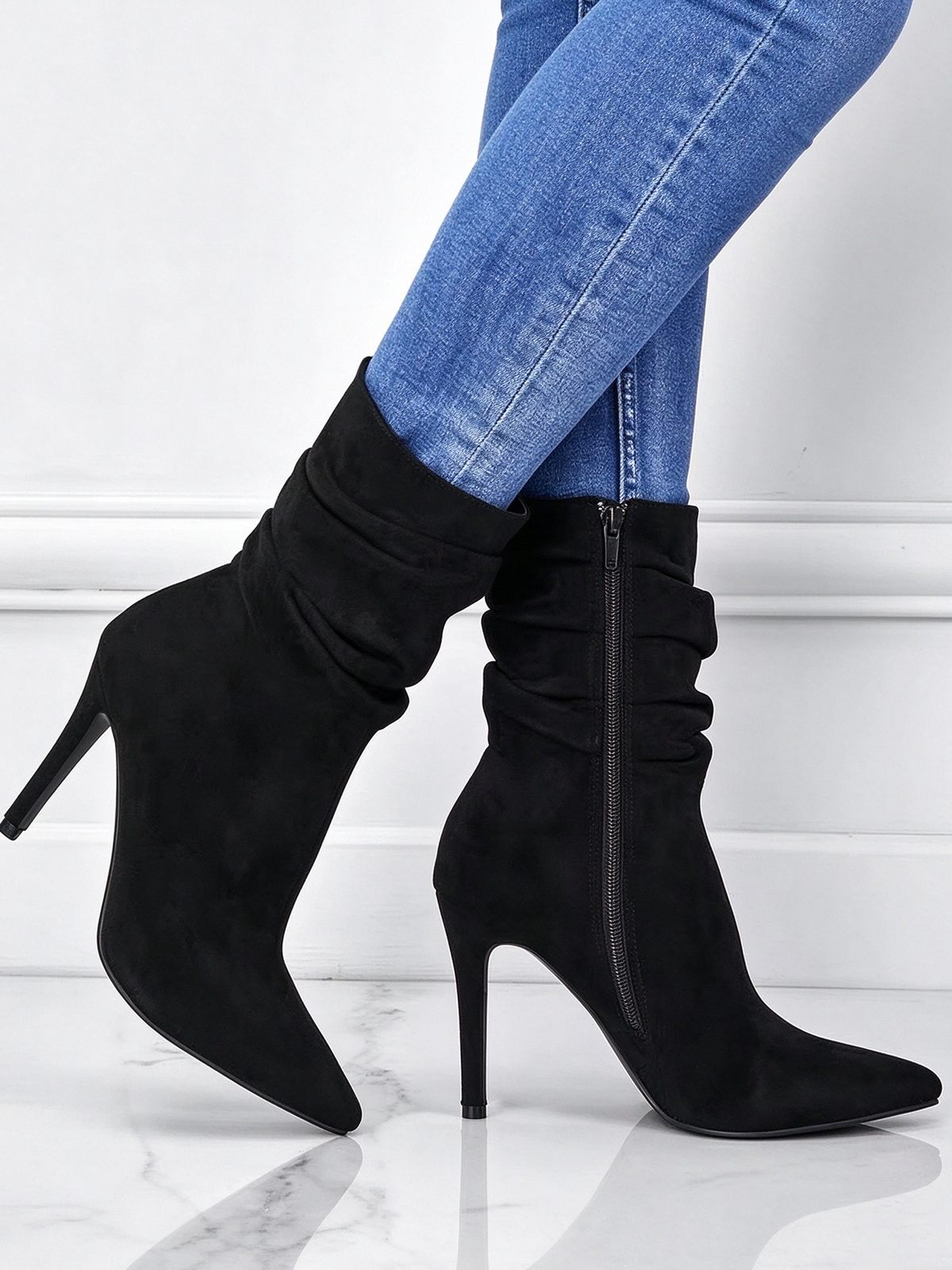 Ruched Pointed Toe Stiletto Mid Calf Ankle Boots