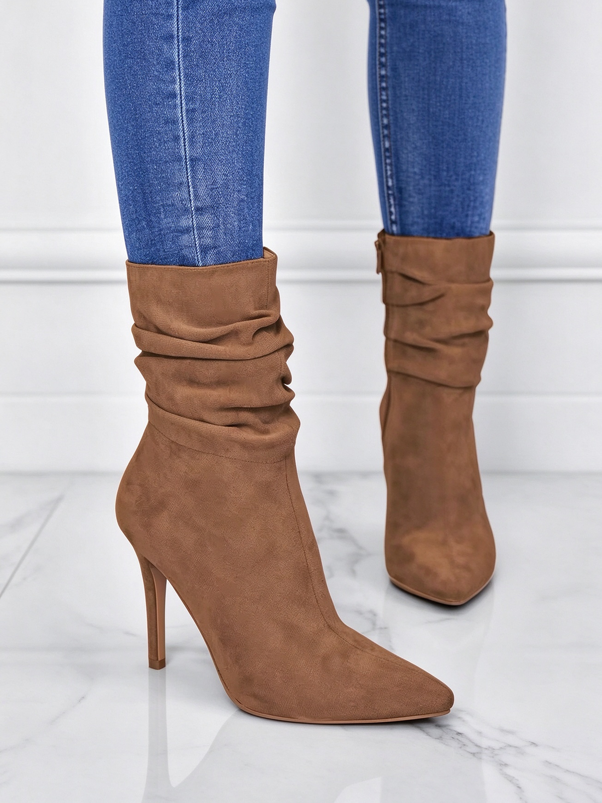 Ruched Pointed Toe Stiletto Mid Calf Ankle Boots