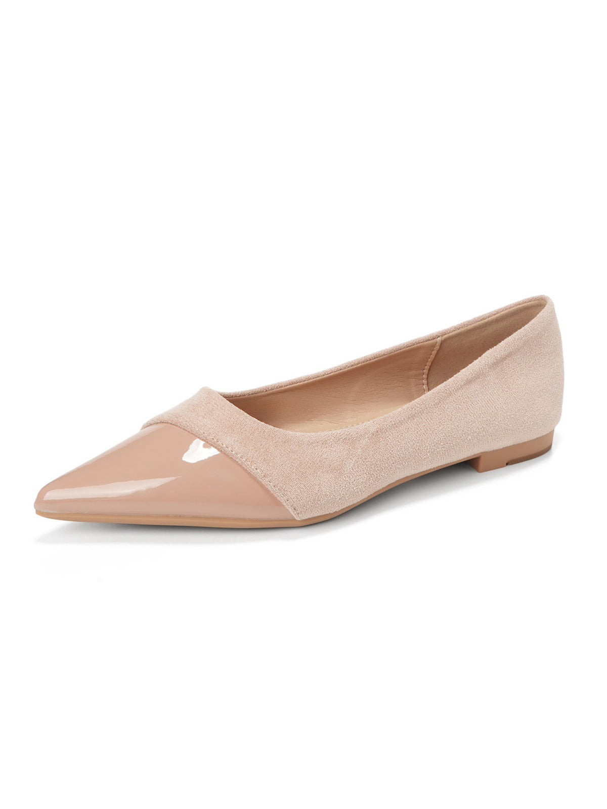 Nude Spliced Faux Suede Patent Pointed Toe Flats
