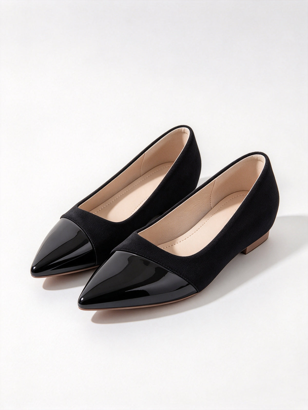 Nude Spliced Faux Suede Patent Pointed Toe Flats