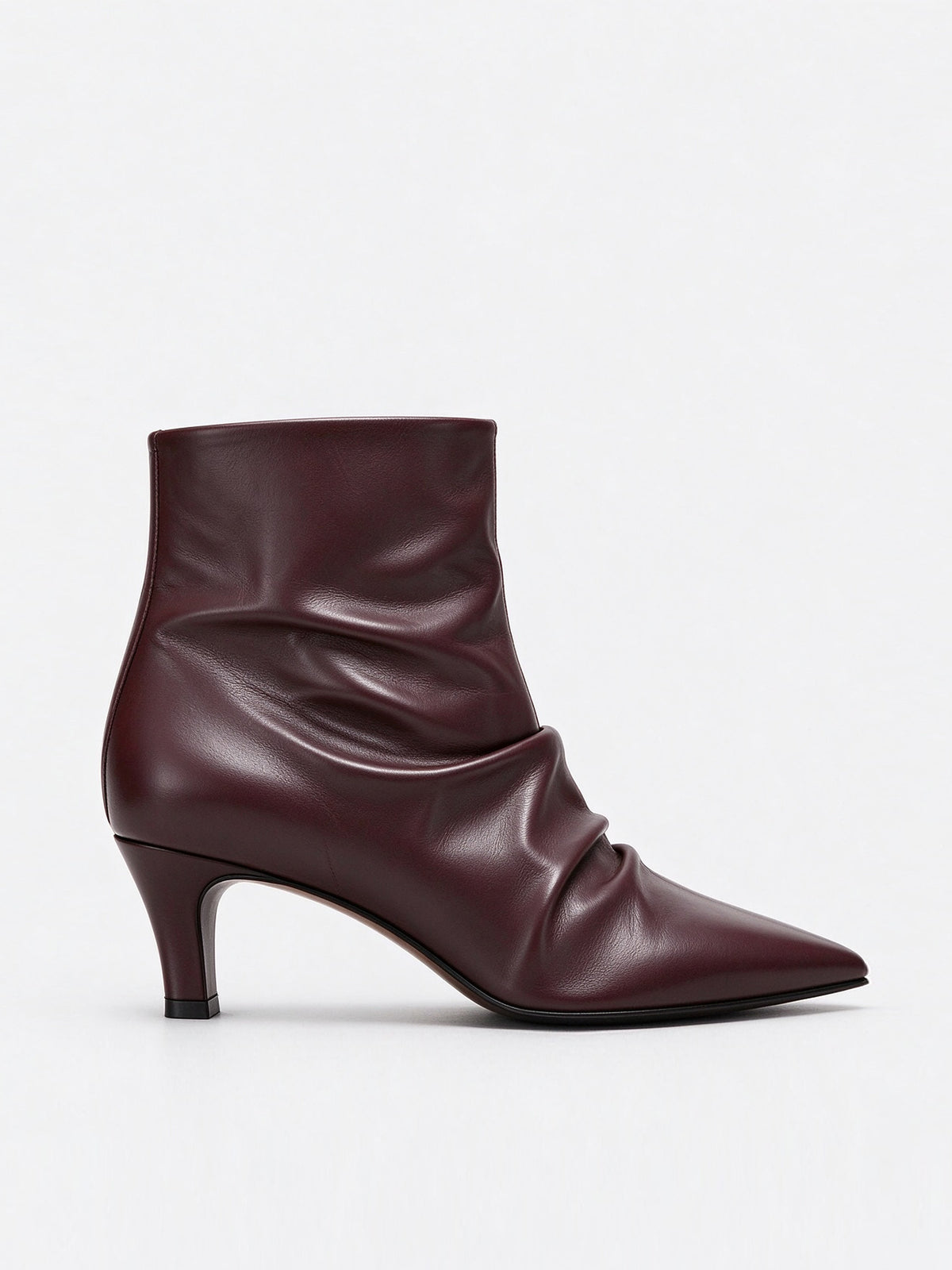 Dark Brown Ruched Pointed Toe Kitten Heel Ankle Boots