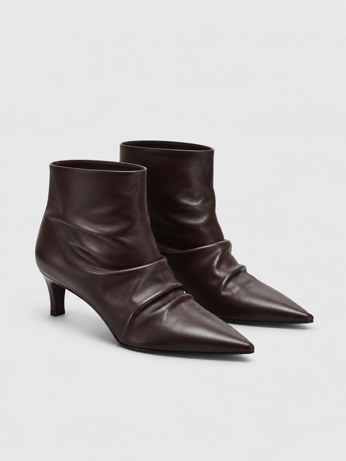 Dark Brown Ruched Pointed Toe Kitten Heel Ankle Boots