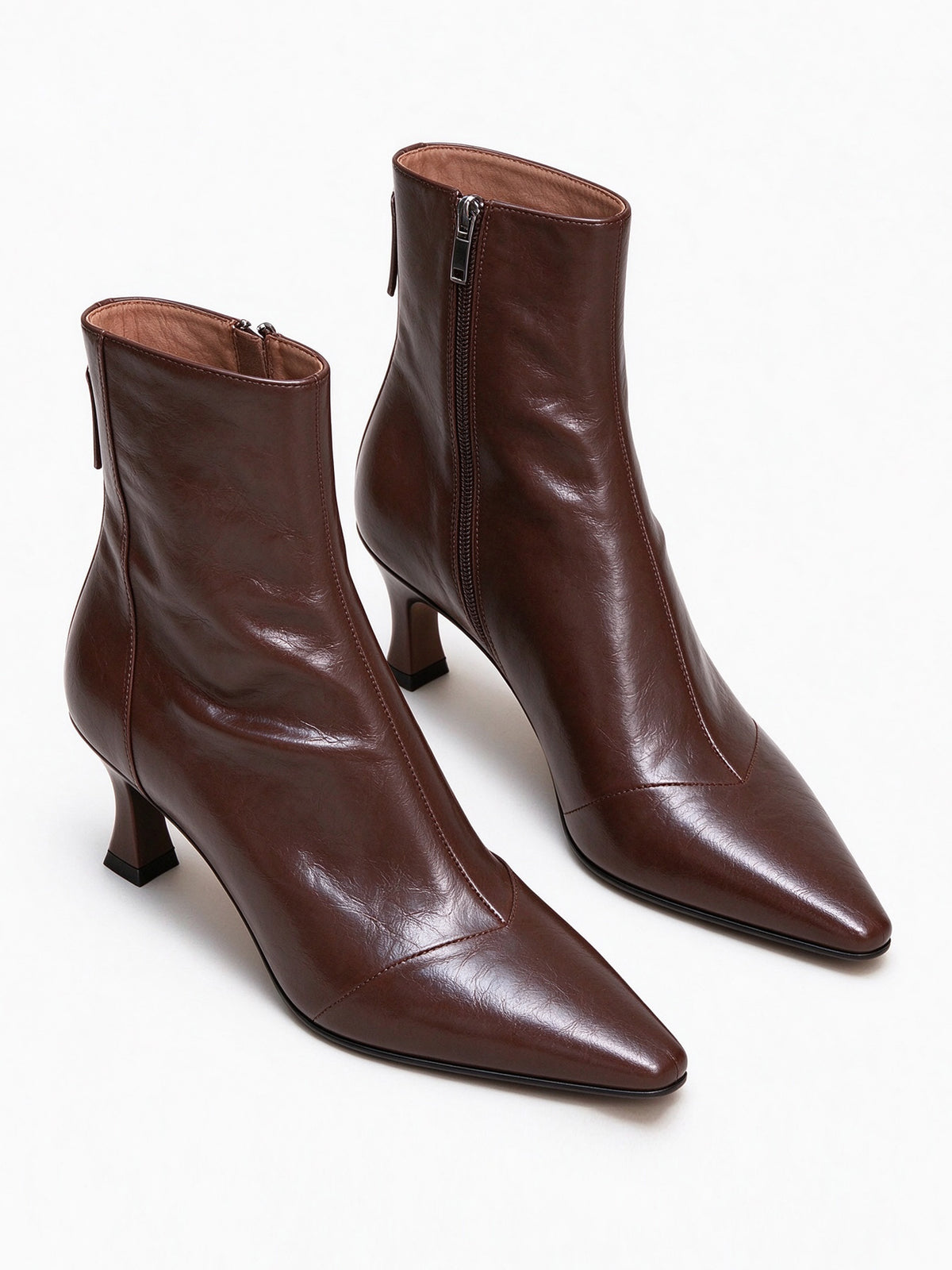 Brown Pointed Toe Flared Heel Zipper Ankle Boots