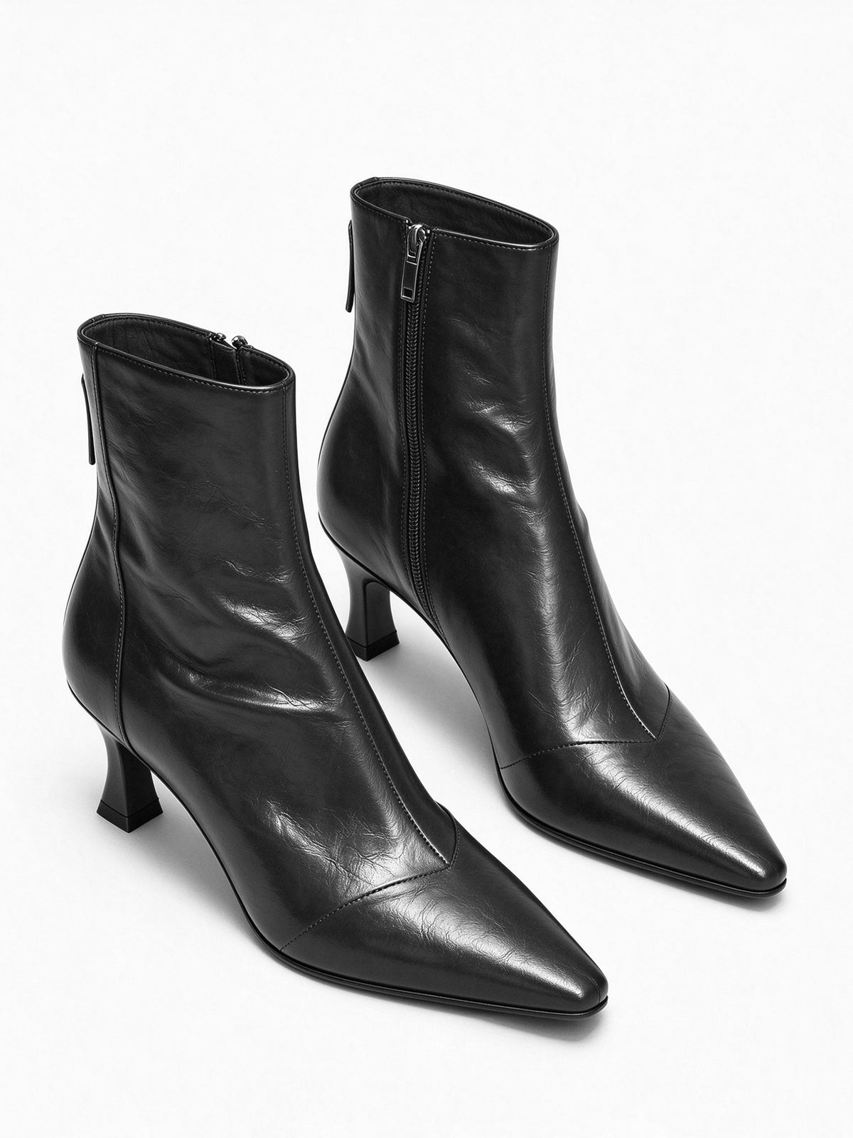 Brown Pointed Toe Flared Heel Zipper Ankle Boots