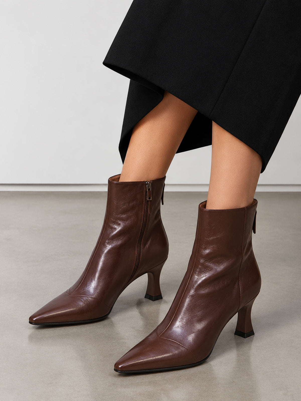 Brown Pointed Toe Flared Heel Zipper Ankle Boots