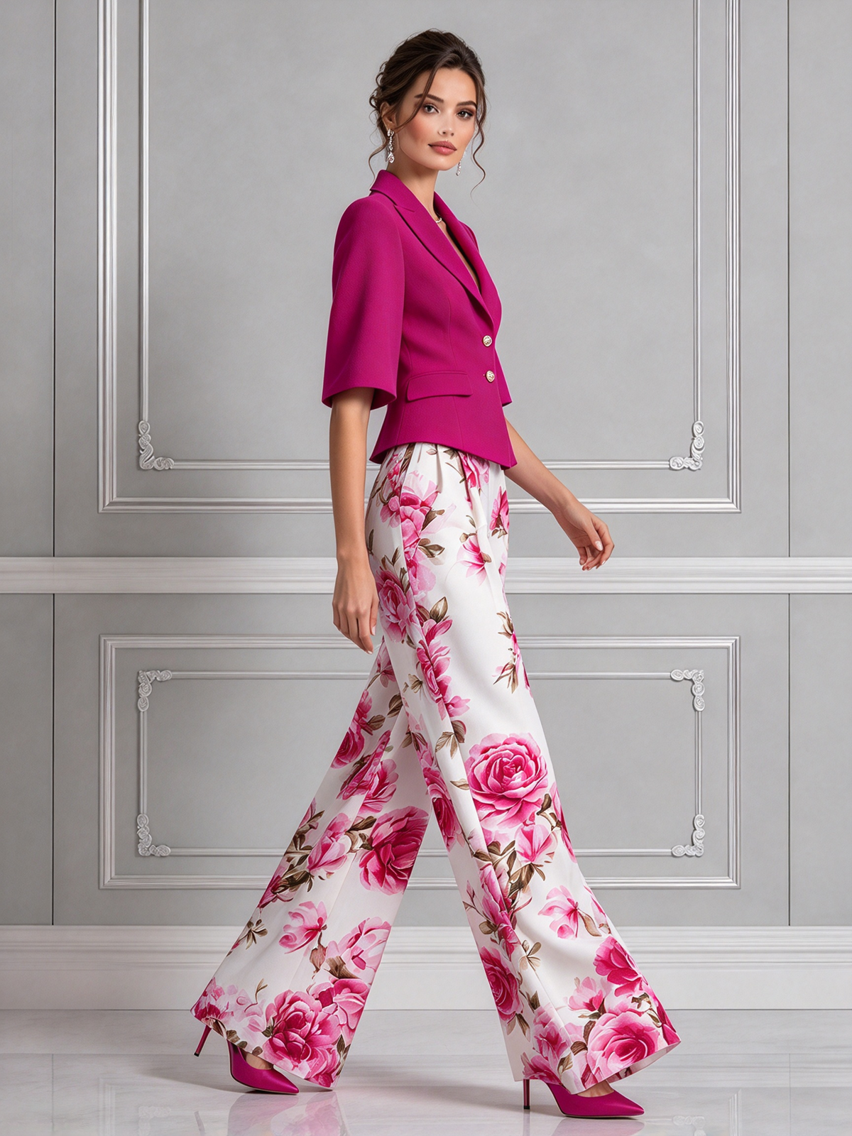 Fuchsia Notch Lapel Blazer & Floral Print Wide Leg Pants 2-Piece Suit