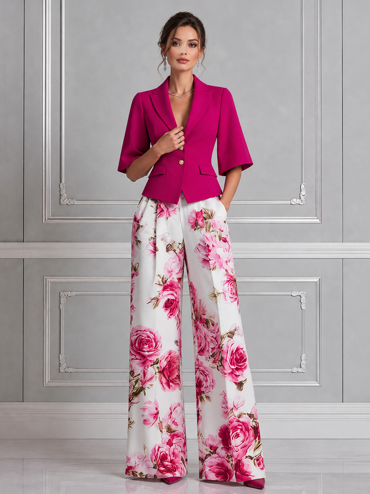 Fuchsia Notch Lapel Blazer & Floral Print Wide Leg Pants 2-Piece Suit