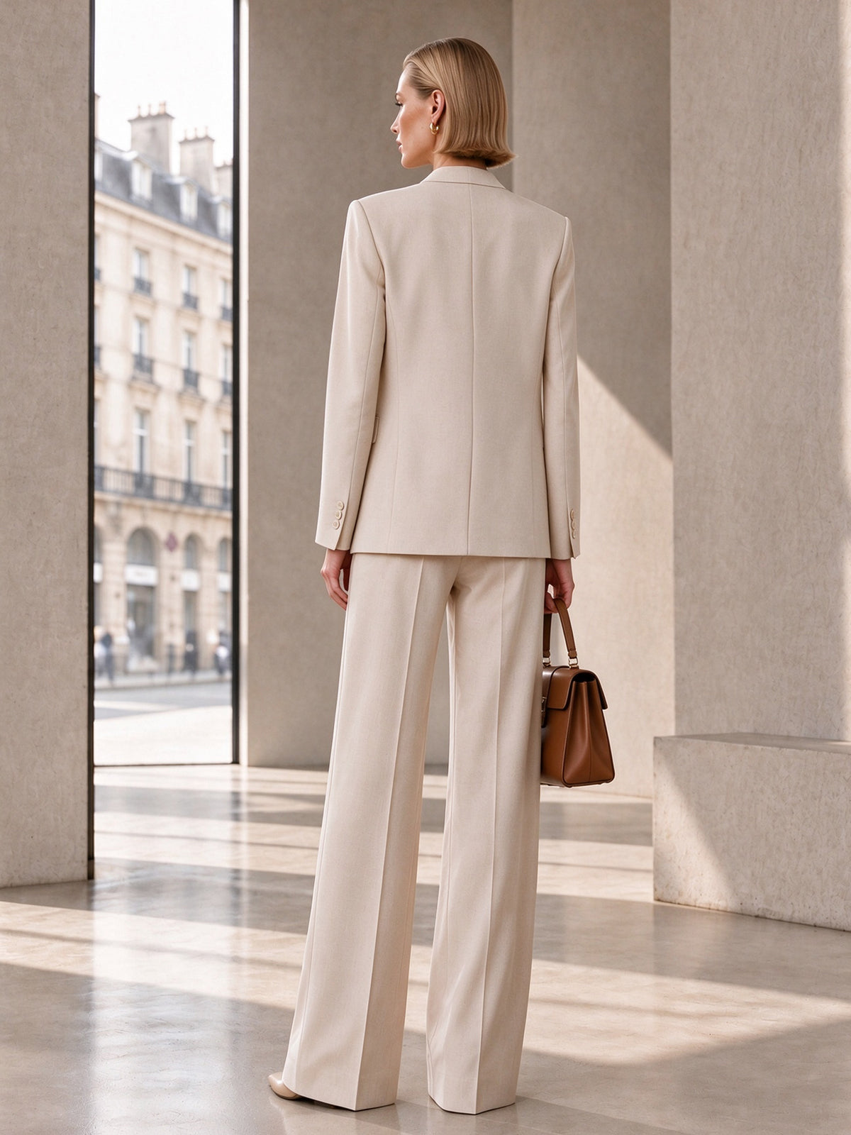 Beige Linen V-Neck Collarless Blazer & Wide Leg Trousers 2-Piece Suit