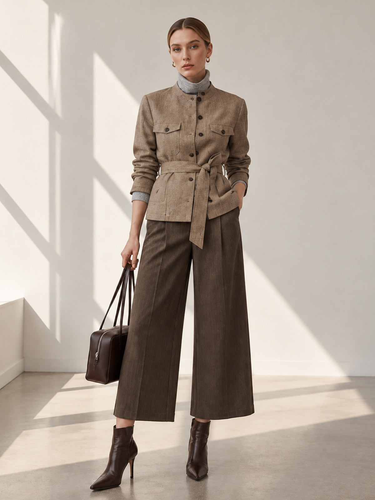 Khaki Stand Collar Belted Safari Jacket