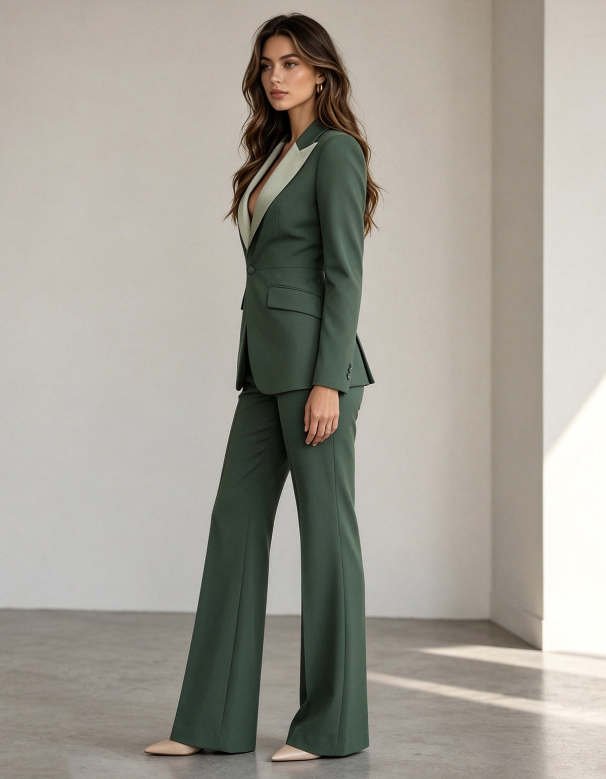 Green Single Breasted Blazer With Peak Lapels And Flared Pants 2-Piece Suit
