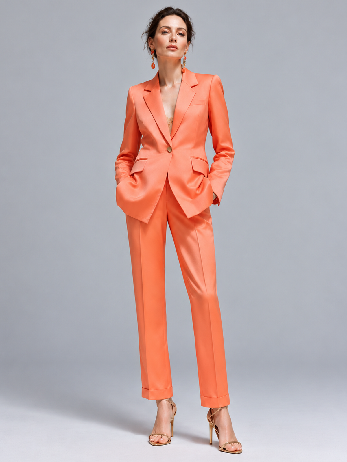 Coral Notch Lapel Blazer And Straight Leg Pants 2-Piece Suit