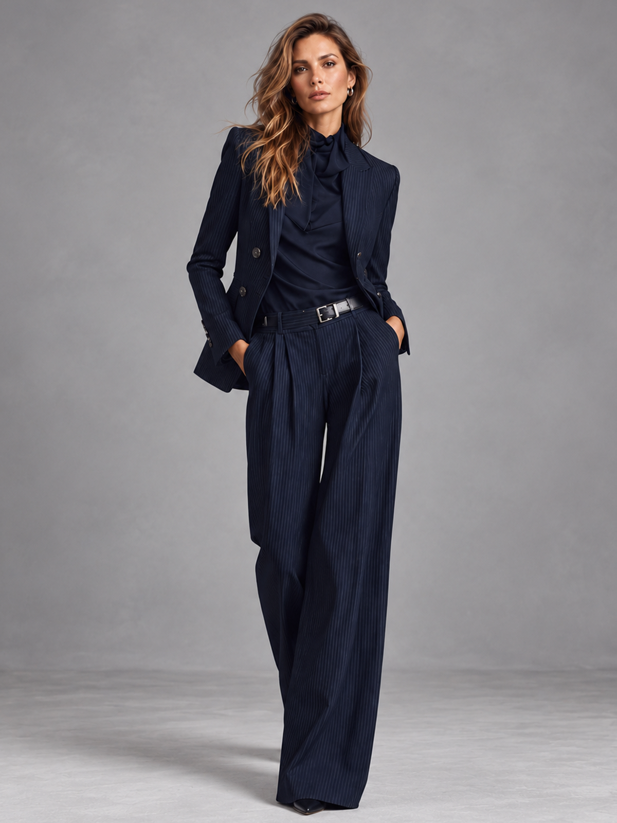 Navy Pinstripe Blazer With Notch Lapel And High Waist Wide Leg Pants 2-Piece Suit
