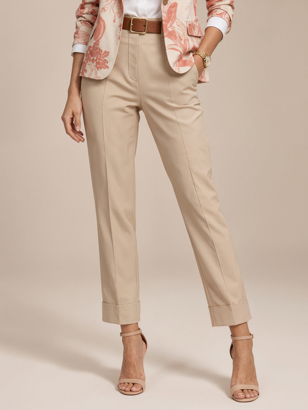 Khaki Peak Lapel Floral Print Blazer And Pants 2-Piece Suit