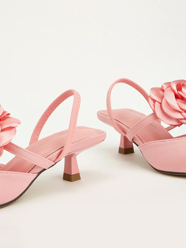 Solid Color Pointed Toe Stiletto Heels With Floral Embellishments