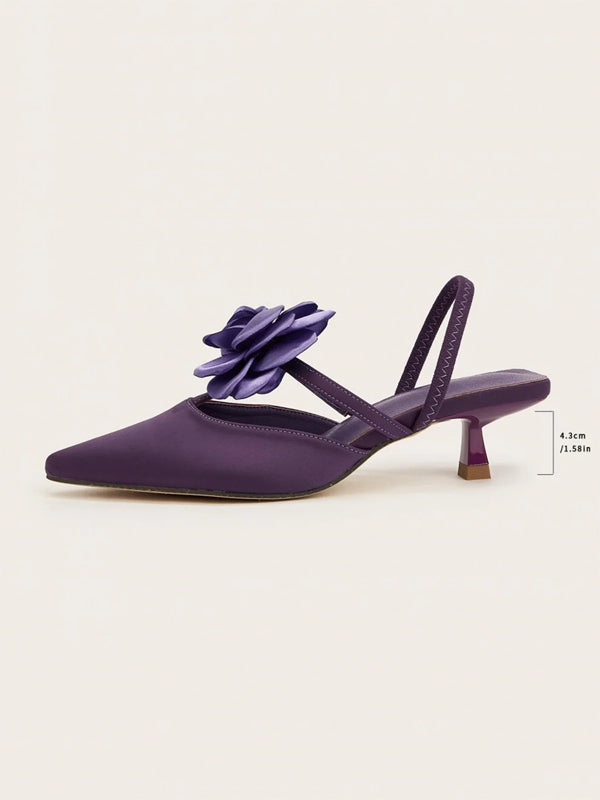 Solid Color Pointed Toe Stiletto Heels With Floral Embellishments