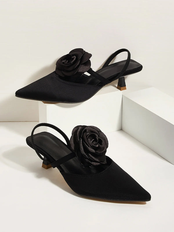 Solid Color Pointed Toe Stiletto Heels With Floral Embellishments
