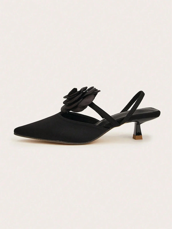 Solid Color Pointed Toe Stiletto Heels With Floral Embellishments