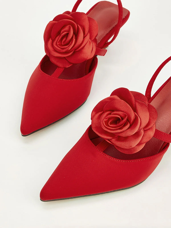 Solid Color Pointed Toe Stiletto Heels With Floral Embellishments