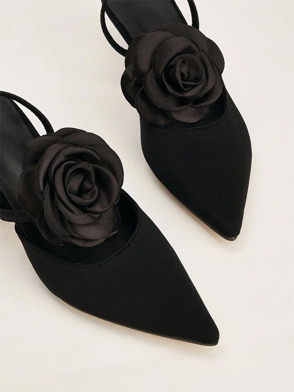 Solid Color Pointed Toe Stiletto Heels With Floral Embellishments