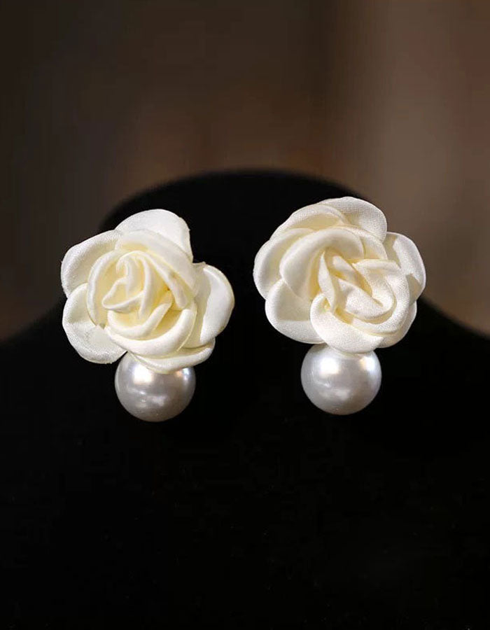 French Style Pearl Camellia Flower Earrings