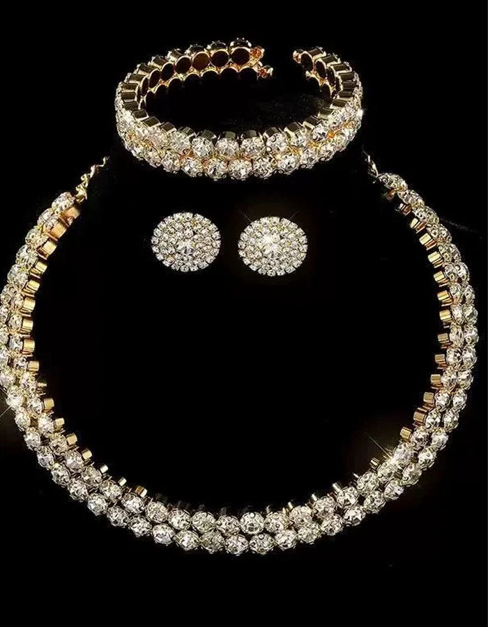 Double Layer Rhinestone Necklace Earrings And Bracelet 3-Piece Set