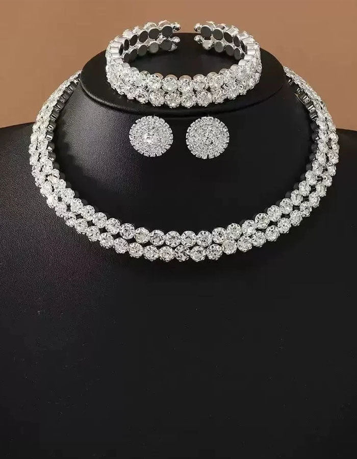 Double Layer Rhinestone Necklace Earrings And Bracelet 3-Piece Set