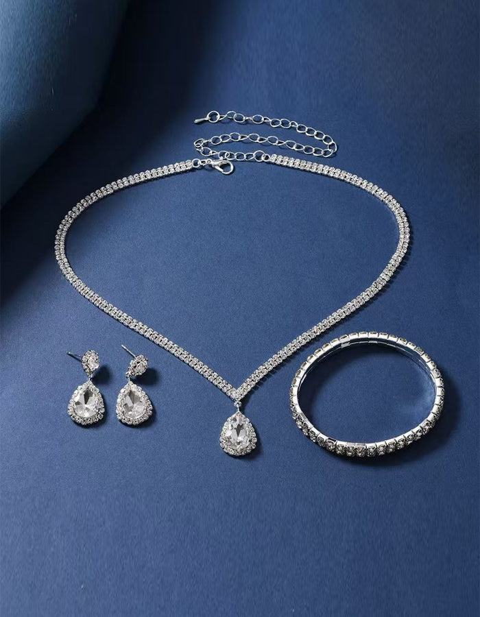 Double Dip Rhinestone Necklace Earrings And Bracelet 3-Piece Set