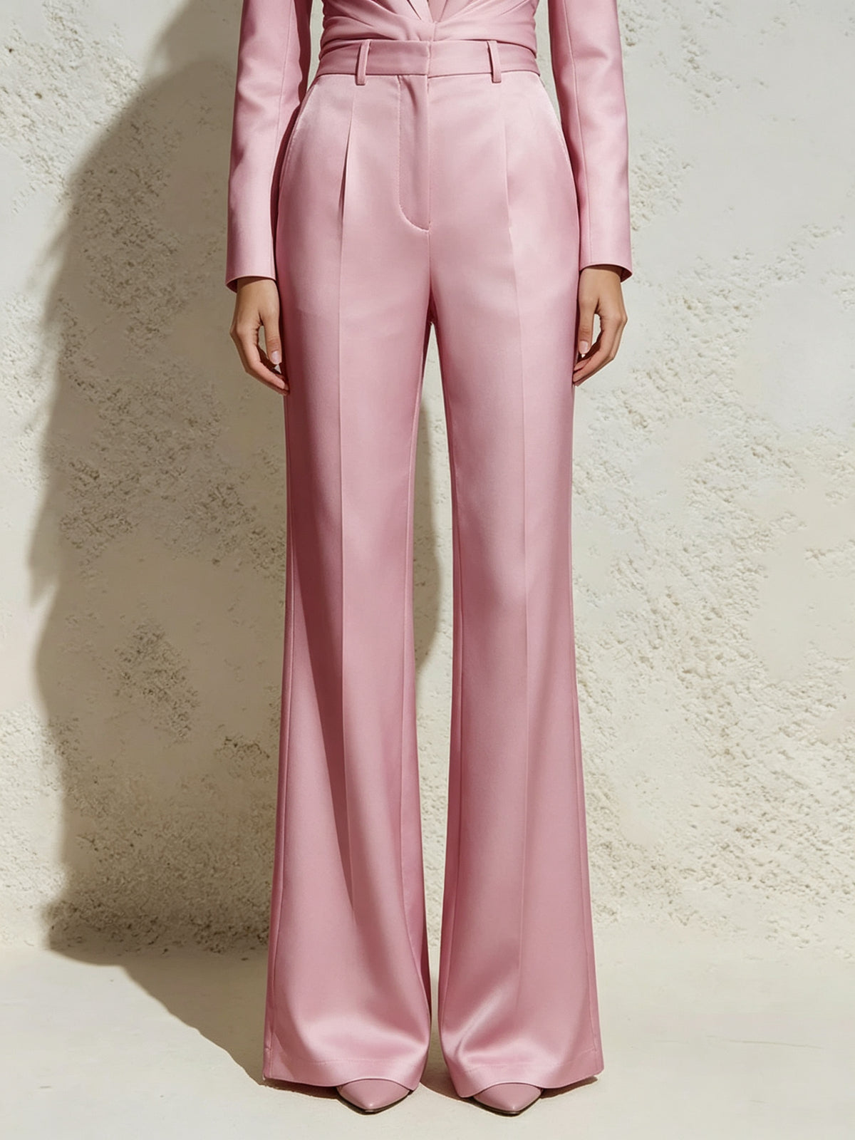 Pink Satin with Waist Tie Blazer and Wide Leg Pants 2-Piece Suit