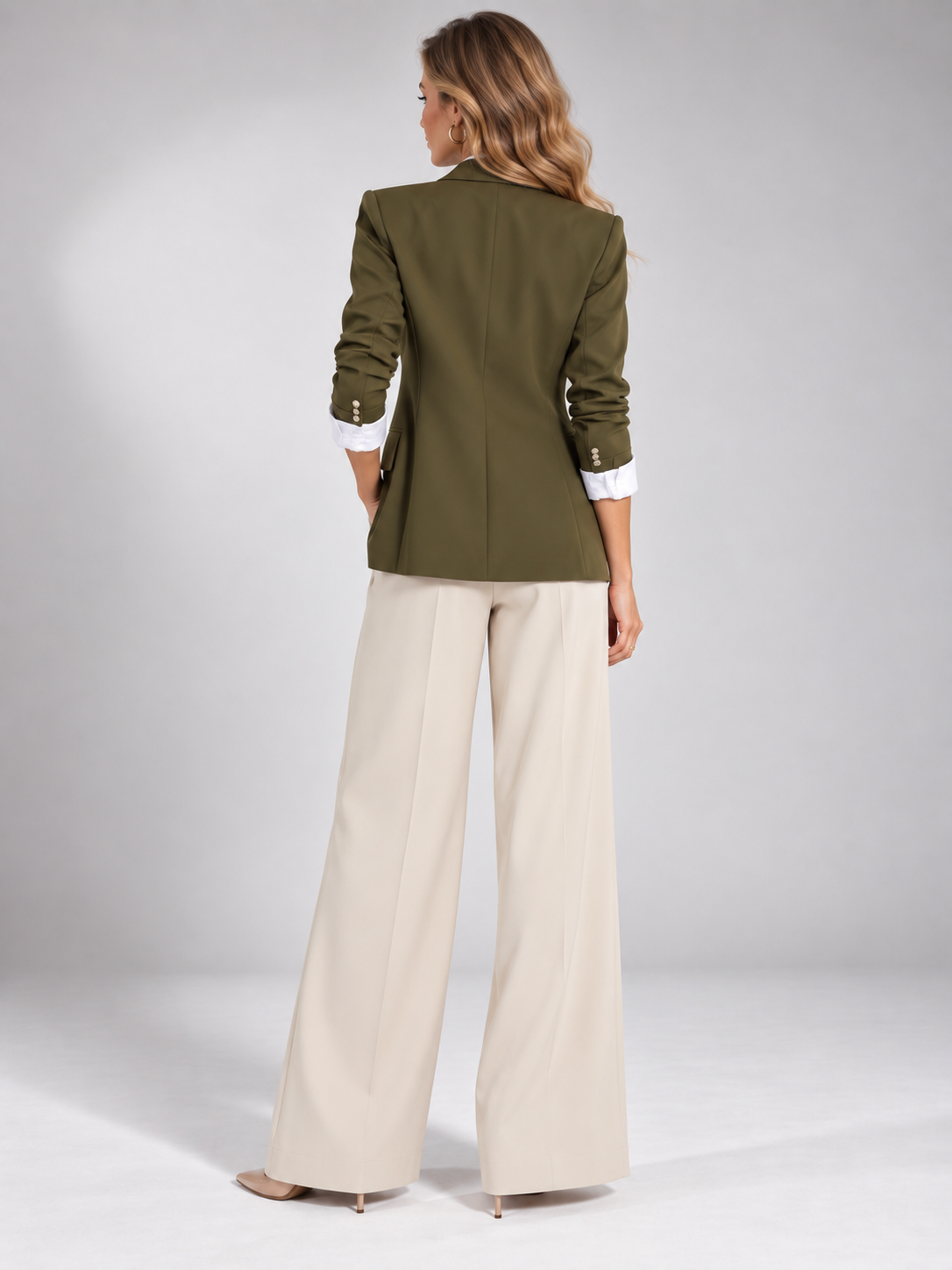 Olive Green Single Breasted Blazer And Beige Wide Leg Pants 2-Piece Suit
