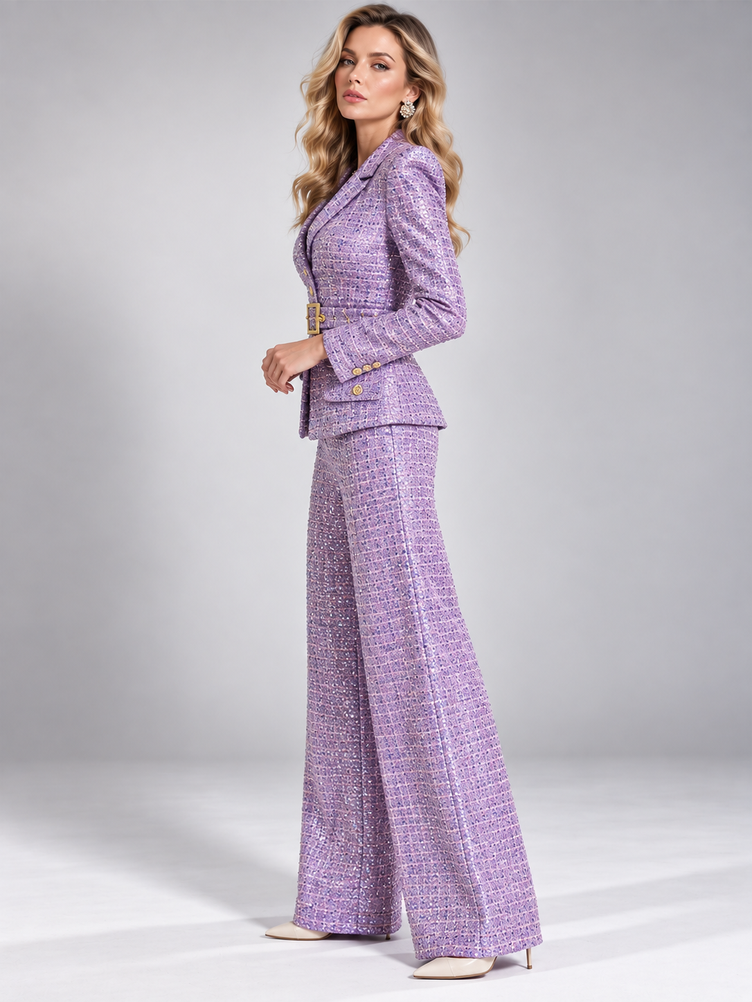 Purple Tweed Single Breasted Blazer And Straight Leg Flared Pants 2-Piece Suit