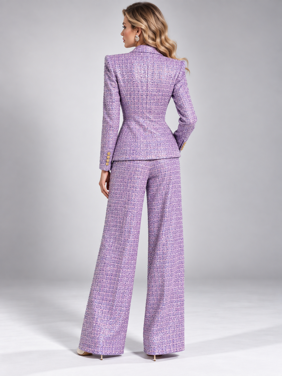 Purple Tweed Single Breasted Blazer And Straight Leg Flared Pants 2-Piece Suit