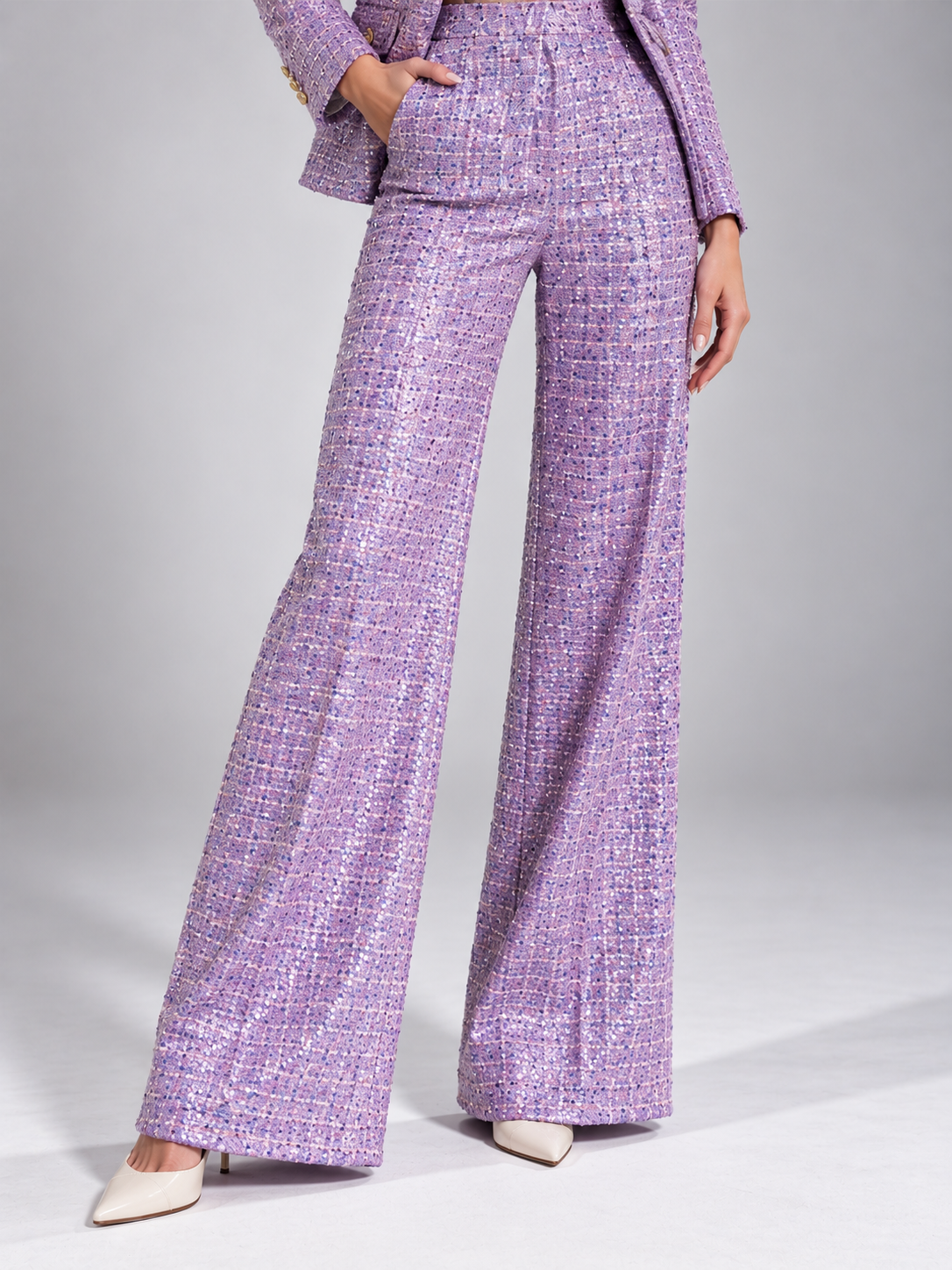 Purple Tweed Single Breasted Blazer And Straight Leg Flared Pants 2-Piece Suit