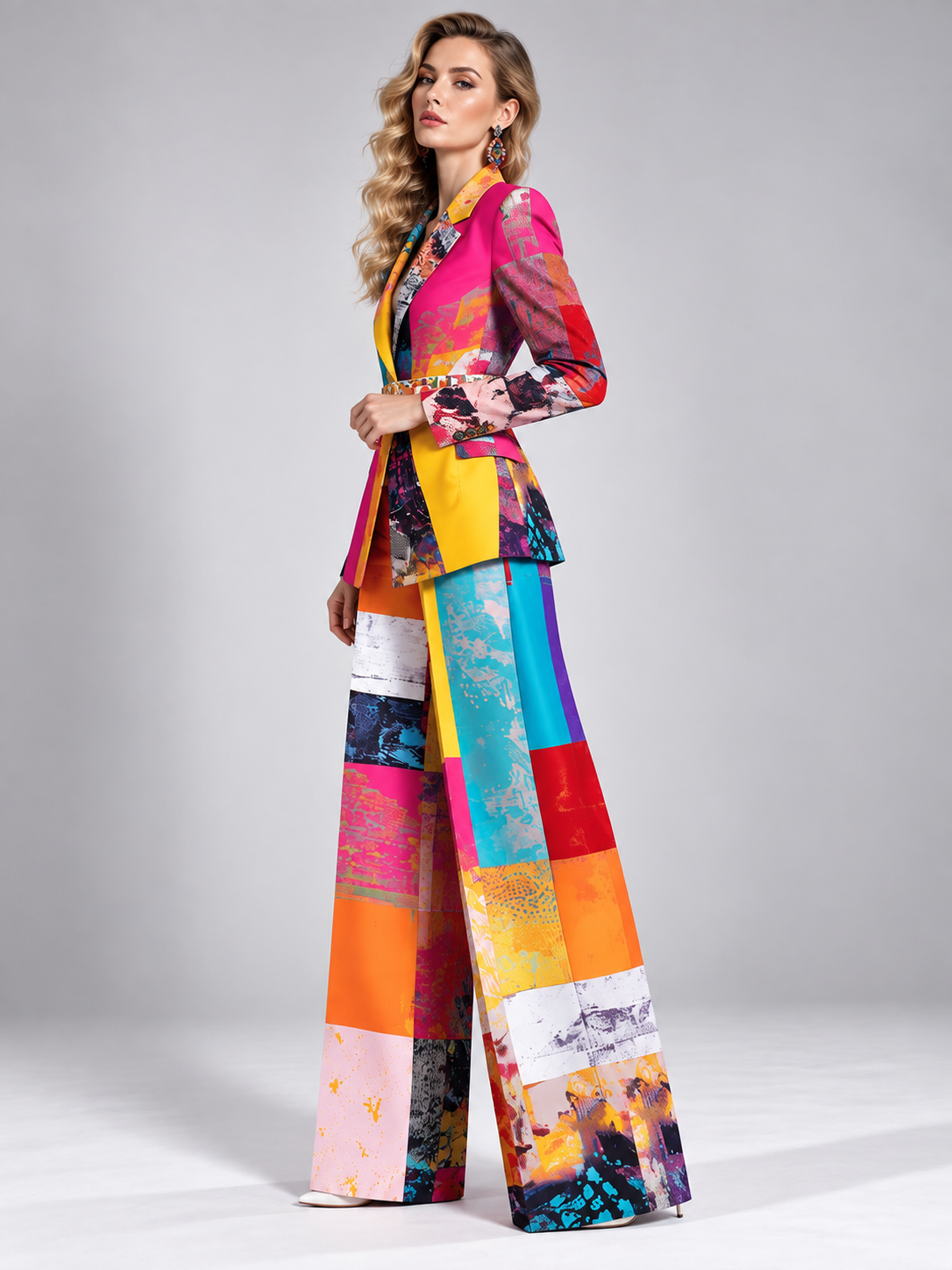 Colorful Single Breasted Blazer With Notch Lapels And Wide Leg Pants 2-Piece Suit