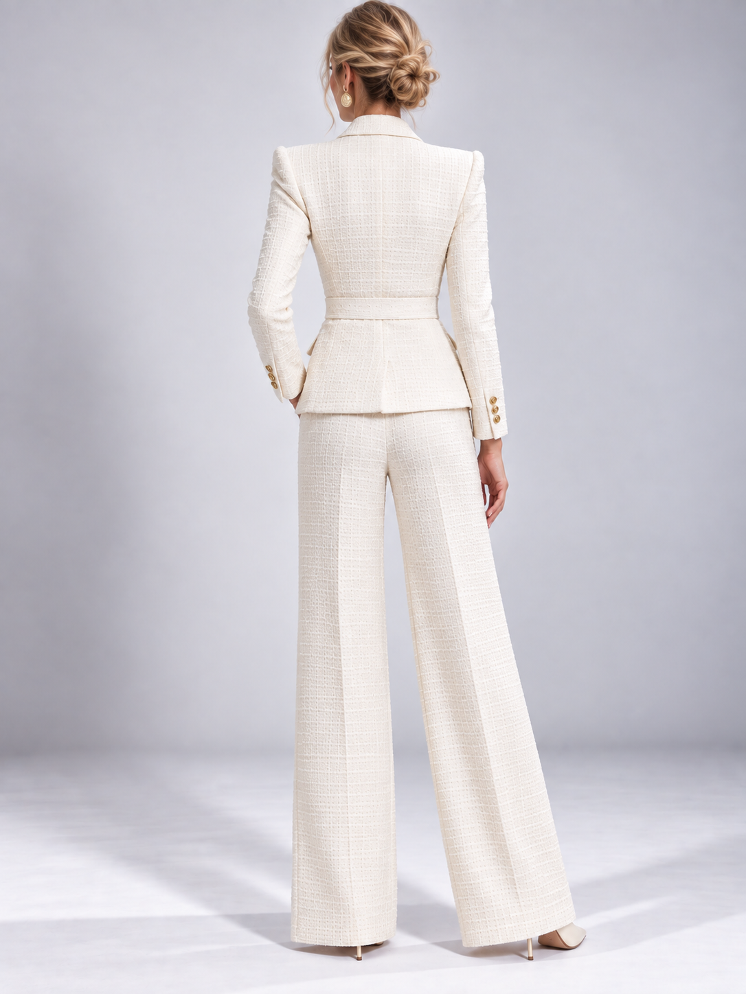 Cream-colored Single Breasted Blazer With Notch Lapels And Wide Leg Pants 2-Piece Suit
