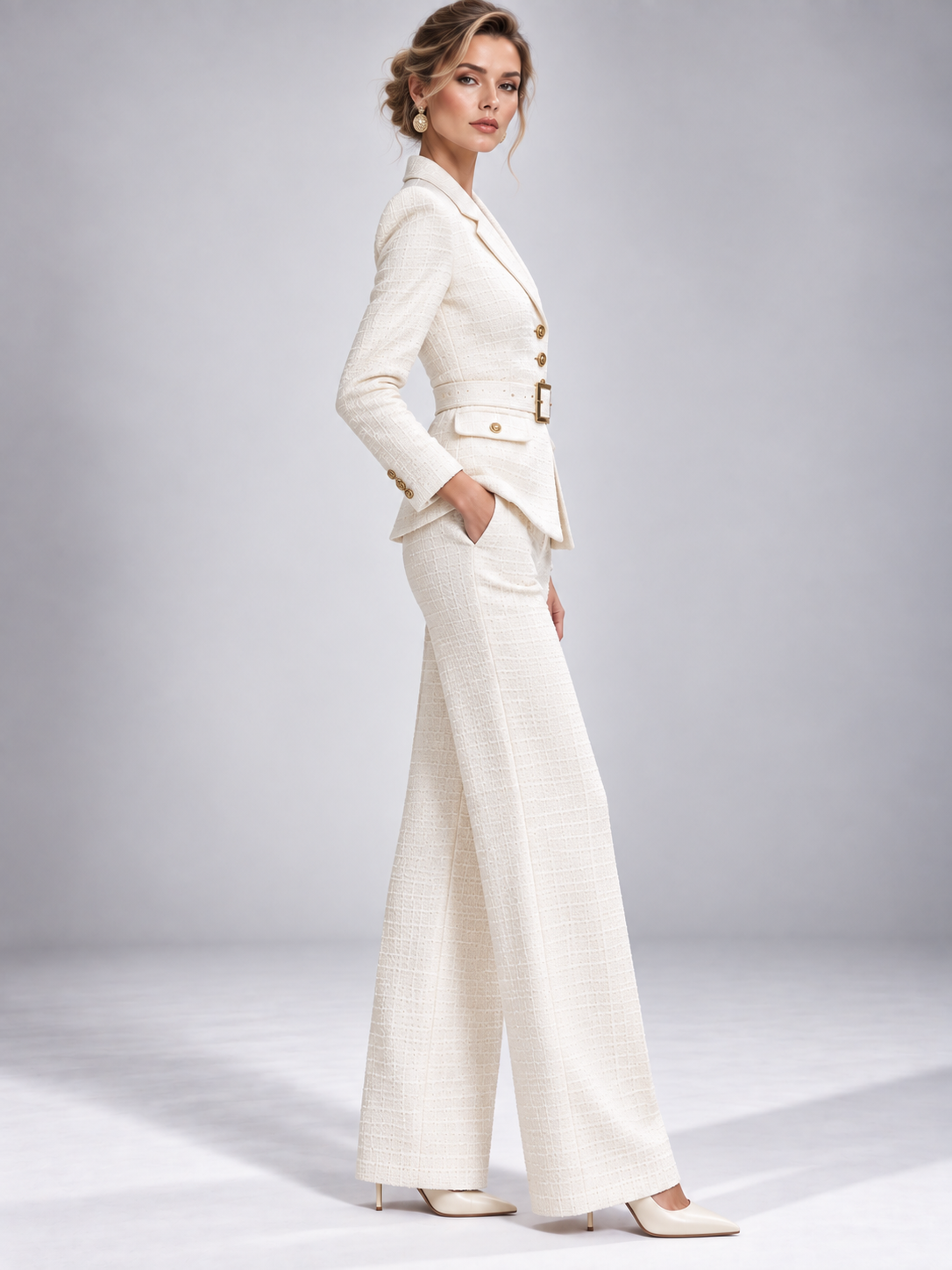 Cream-colored Single Breasted Blazer With Notch Lapels And Wide Leg Pants 2-Piece Suit