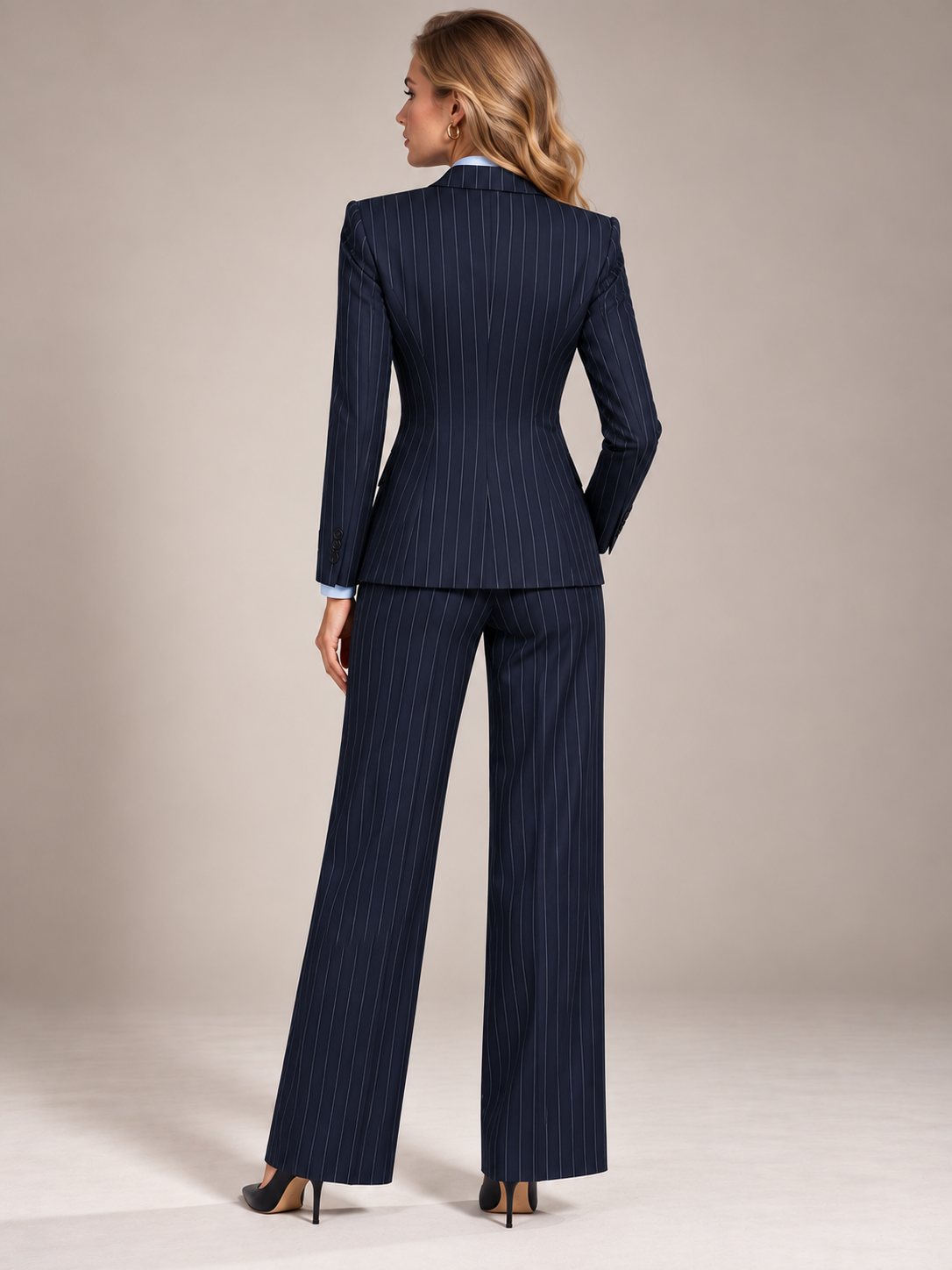 Dark Blue Striped Peak Lapel Blazer And Straight Leg Pants 2-Piece Suit