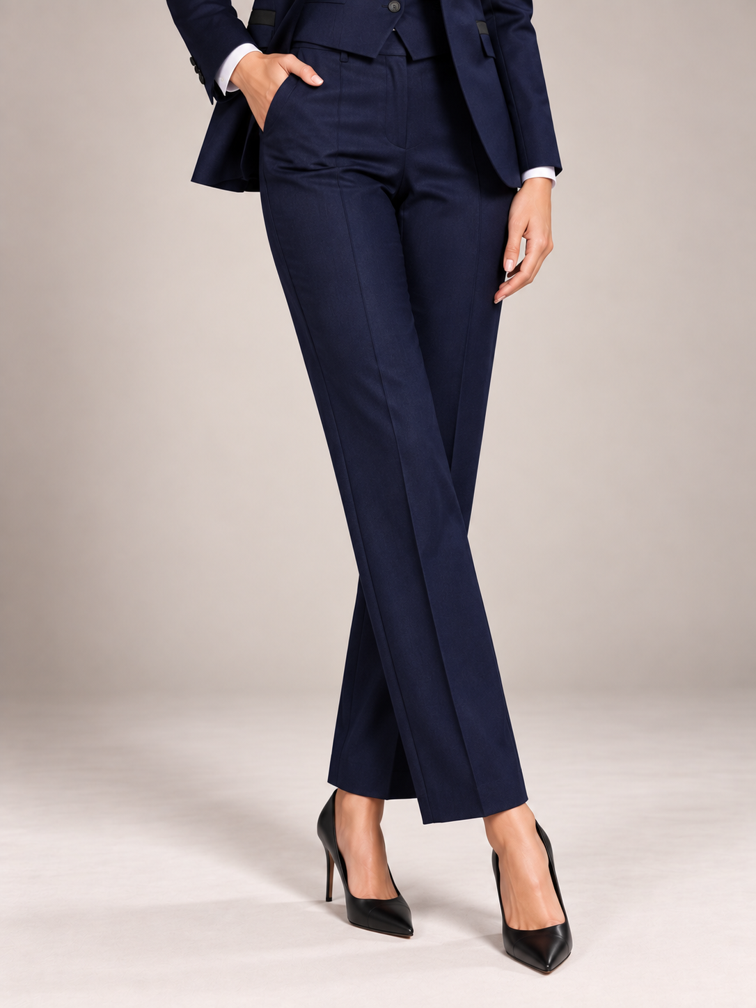 Navy Blue Shawl Collar Blazer & Vast And Cropped Tapered Pants 3-Piece Suit